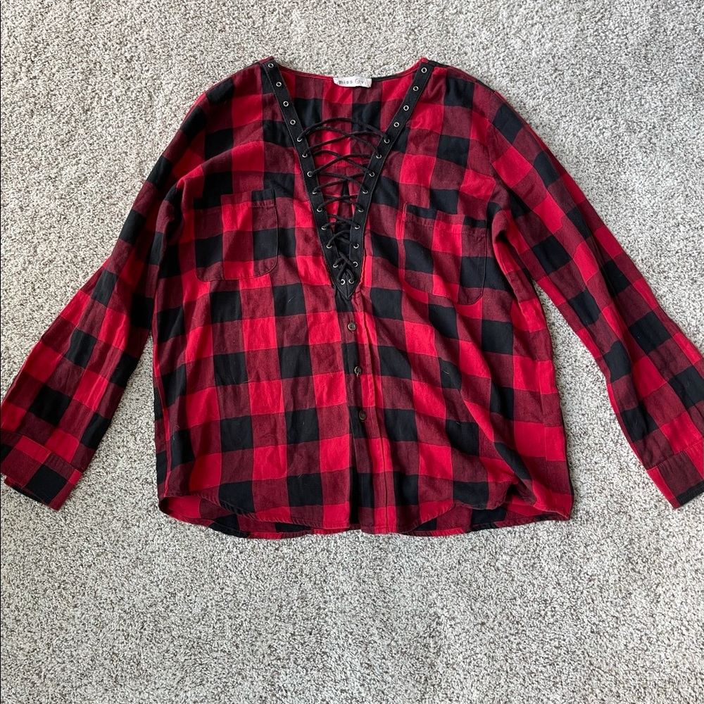 Lace up red and black gingham top